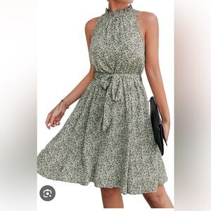 Women's Fall Sleeveless Flowy Dress Casual Mock Neck Elastic‎ Waist M
